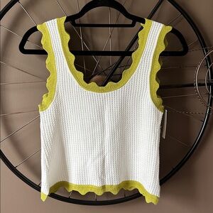 Maeve White Waffle Knit Tank with Lime Scallop Edge Trim - size M - NWT!!!